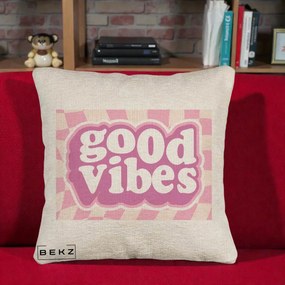 Perna Decorativa Good Vibes Retro Roz, 40x40 cm, Bej Canapea, Husa Detasabila, Perna Inclusa, BEKZ®