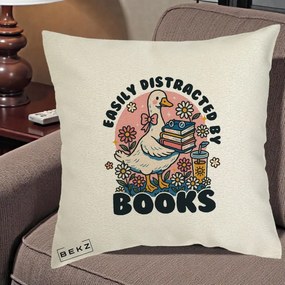 Perna Personalizata Easily Distracted by Books, 40x40 cm, Ecru, Husa Detasabila, Perna Inclusa, BEKZ®