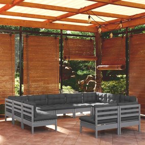 3097213 vidaXL Set mobilier grădină cu perne, 11 piese, gri, lemn masiv pin