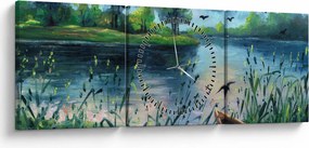 Tablou- Pictură în ulei, seară de vară lângă lac (cu ceas) (90x30 cm)