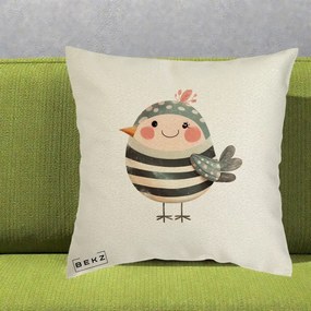 Perna Decorativa Pui Kawaii Teal cu Flori, 40x40 cm, Ecru, Husa Detasabila, Perna Inclusa, BEKZ®