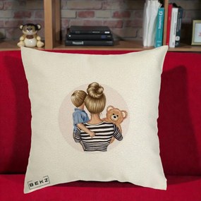 Cadou pentru Mama - Perna Personalizata Mama si Baietelul cu Ursulet, 40x40 cm, Ecru, Husa Detasabila, Perna Inclusa, BEKZ®