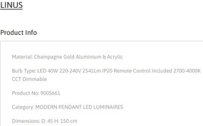 Lustra LED suspendata dimabila cu telecomanda LINUS D-45cm