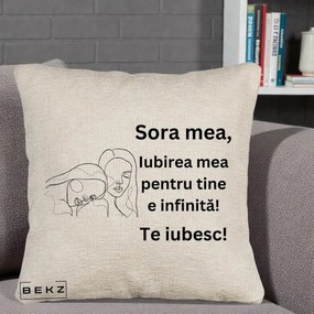 Cadou pentru Sora - Perna Personalizata Sora Mea Te Iubesc Line Art Portrete Fata in Fata, 40x40 cm, Bej Canapea, Husa Detasabila, Perna Inclusa, BEKZ®