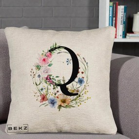 Cadou Personalizat - Perna Personalizata Monogram Litera Q cu Flori Acuarela, 40x40 cm, Bej Canapea, Husa Detasabila, Perna Inclusa, BEKZ®