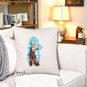 Perna Personalizata Dragon Ball Goku Ultra Instinct Blue, 40x40 cm, Bej cu Franjuri, Husa Detasabila, Perna Inclusa, BEKZ®