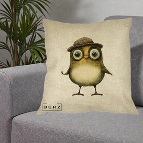 Perna Decorativa Pui Intelectual cu Palarie Tweed, 40x40 cm, Crem, Husa Detasabila, Perna Inclusa, BEKZ®
