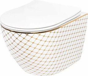 Set vas wc suspendat Rea Carlos Flat Diamond alb - auriu cu capac softclose
