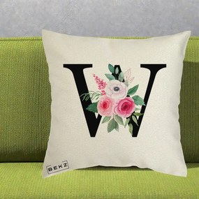 Cadou Personalizat - Perna Personalizata Monograma Florala Litera W cu Trandafiri si Anemona, 40x40 cm, Ecru, Husa Detasabila, Perna Inclusa, BEKZ®