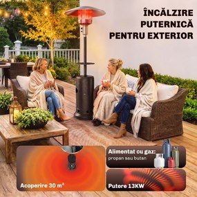 Outsunny Încălzitor de terasă cu gaz 13 kW, cu roți și măsuță, maro | Aosom Romania