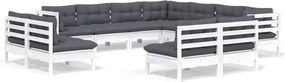 vidaXL Set mobilier grădină cu perne, 11 piese, alb, lemn masiv pin