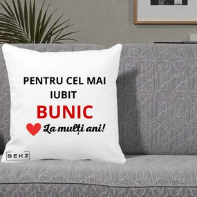 Cadou pentru Bunic - Perna Personalizata Pentru Cel Mai Iubit Bunic La Multi Ani Rosu, 40x40 cm, Alba Mata, Husa Detasabila, Perna Inclusa, BEKZ®