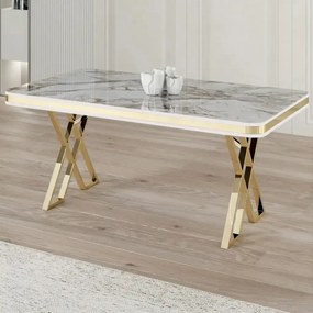 Set masa si 6 scaune colare masa alb marmorat scaune tapitat negru