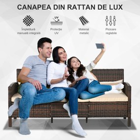 Outsunny Canapea de exterior cu 3 locuri, din ratan PE, cu perne confortabile și detașabile, 173x68x78 cm, maro | Aosom Romania