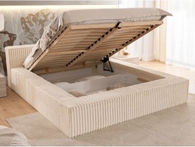 Pat matrimonial bej tapițat cu spațiu de depozitare cu somieră 200x200 cm Cloe – Ropez