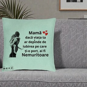 Cadou pentru Mama - Perna Personalizata Mama Nemuritoare Gravura Vintage, 40x40 cm, Verde Menta, Husa Detasabila, Perna Inclusa, BEKZ®
