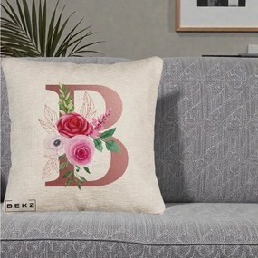 Cadou Personalizat - Perna Personalizata Monograma Rose Gold Litera B, 40x40 cm, Bej Canapea, Husa Detasabila, Perna Inclusa, BEKZ®