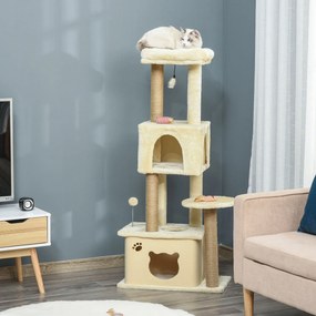 PawHut Ansamblu de joacă pentru Pisici Înalt 136 cm cu Căsuță Detașabilă, Căsuță și Pătuț, Stâlpi din Iută, Bej | Aosom Romania