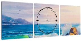 Tablou - Valuri lovind stânci, pictură în ulei (cu ceas) (90x30 cm)