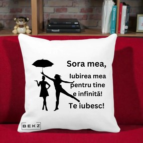 Cadou pentru Sora - Perna Personalizata Sora Mea Te Iubesc Siluete Negre cu Umbrela, 40x40 cm, Alba Mata, Husa Detasabila, Perna Inclusa, BEKZ®