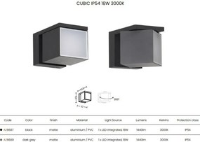 Aplica LED iluminat exterior modern IP54 CUBIC 18W 3000K gri