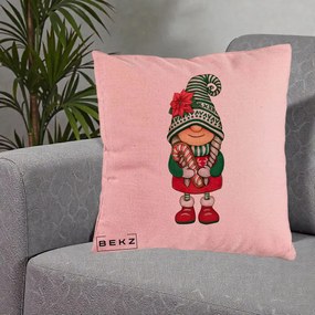 Perna Decorativa Gnom Craciun Verde cu Bomboane si Floare, 40x40 cm, Roz, Husa Detasabila, Perna Inclusa, BEKZ®