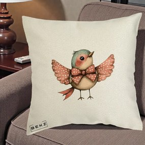 Perna Decorativa Pasare Roz cu Aripi si Fundita, 40x40 cm, Ecru, Husa Detasabila, Perna Inclusa, BEKZ®