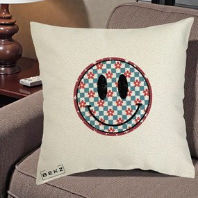Perna Decorativa Smiley Face Checkered cu Floricele, 40x40 cm, Ecru, Husa Detasabila, Perna Inclusa, BEKZ®