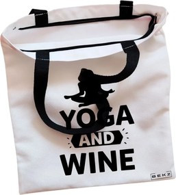 Sacosa de Panza pentru Cumparaturi, Geanta Tote, Yoga and Wine, Cu fermoar, 38x34.5 cm, Alba, BEKZ®