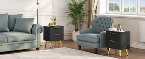 NON17 - Set 2 Noptiere negre, 40 cm, cu 2 sertare, Priza si USB, dormitor - Negru - Auriu