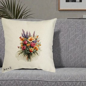 Perna Decorativa Buchet Mixt Acuarela Lavanda-Trandafiri, 40x40 cm, Ecru, Husa Detasabila, Perna Inclusa, BEKZ®