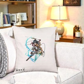 Perna Personalizata Attack on Titan Mikasa Ackerman Lupta, 40x40 cm, Bej cu Franjuri, Husa Detasabila, Perna Inclusa, BEKZ®