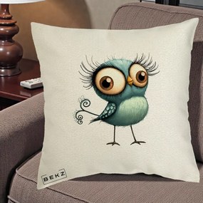 Perna Decorativa Pasare Teal cu Gene si Coada Spiralata, 40x40 cm, Ecru, Husa Detasabila, Perna Inclusa, BEKZ®