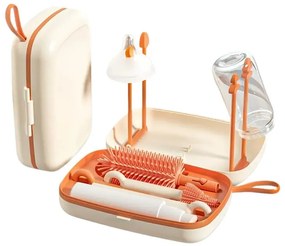 Set perie pentru curatarea biberoanelor 7 in 1 Kidizi Peach, include cutie si suport uscare - ideal pentru calatorie