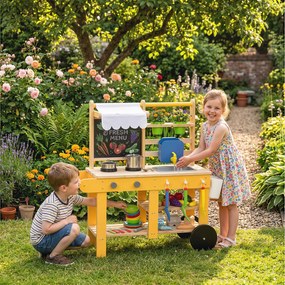 AIYAPLAY Bucătărie de jucărie exterioară din lemn cu roți Apă reală Ghivece Tablă și 15 accesorii 84,2x34,4x90 cm Galben | Aosom Romania
