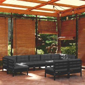 3097203 vidaXL Set mobilier grădină cu perne, 9 piese, negru, lemn masiv pin
