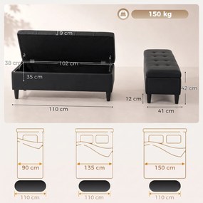 HOMCOM Bancă cu depozitare 136 L, taburet cu ladă 110x41x42 cm, piele ecologică pet-friendly, negru | Aosom Romania