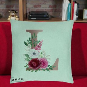 Cadou Personalizat - Perna Personalizata Monograma Rose Gold Litera L, 40x40 cm, Verde Menta, Husa Detasabila, Perna Inclusa, BEKZ®