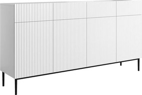 Comodă cu patru uși Nicole 200 cm cu sertare, fronturi riflate - alb mat / picioare negre