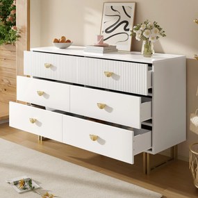 Comodă modernă cu 6 sertare, mânere tip evantai și picioare din oțel, mult spațiu de depozitare, 120x40x75 cm, Alb
