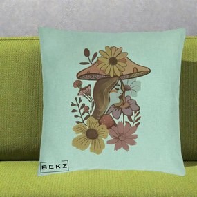 Perna Decorativa Fata Ciuperca Florala Boho, 40x40 cm, Verde Menta, Husa Detasabila, Perna Inclusa, BEKZ®