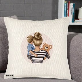 Cadou pentru Mama - Perna Personalizata Mama si Baietelul cu Ursulet, 40x40 cm, Crem Reliefat, Husa Detasabila, Perna Inclusa, BEKZ®