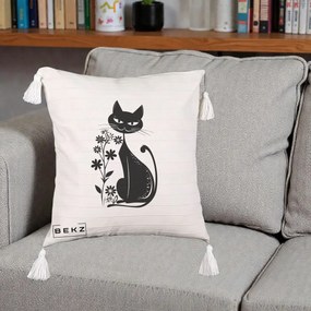 Perna Decorativa Pisica Neagra Grafica Minimalista, 40x40 cm, Bej cu Franjuri, Husa Detasabila, Perna Inclusa, BEKZ®