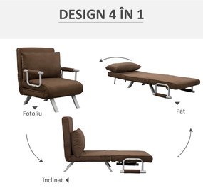 HOMCOM Fotoliu Pat Individual 3 în 1 cu Spătar Reglabil pe 5 Nivele și Pernă, 65x69x80 cm, Maro | Aosom Romania