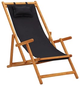 vidaXL Scaun de plajă pliabil, negru, lemn masiv de eucalipt, textil