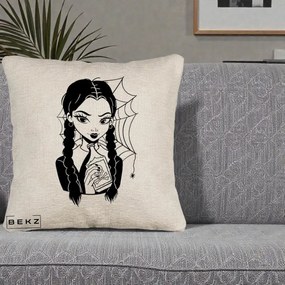 Perna Personalizata Wednesday cu Panza de Paianjen, 40x40 cm, Bej Canapea, Husa Detasabila, Perna Inclusa, BEKZ®