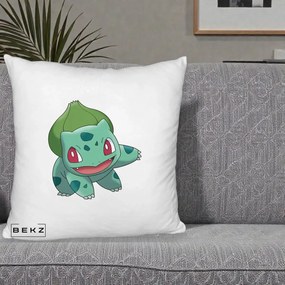 Perna Personalizata Bulbasaur Pokemon, 40x40 cm, Alb Pufos, Husa Detasabila, Perna Inclusa, BEKZ®