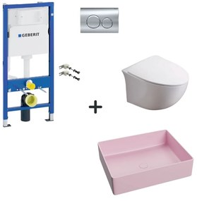 Set vas wc rimless cu capac soft close, lavoar baie roz mat si rezervor wc cu clapeta crom lucios