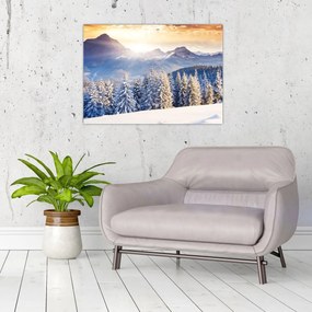 Tablou pe sticlă - Peisaj montan în timpul iernii (70x50 cm)