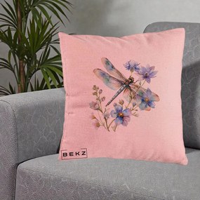 Perna Decorativa Libelula Acuarela Flori Albastre, 40x40 cm, Roz, Husa Detasabila, Perna Inclusa, BEKZ®
